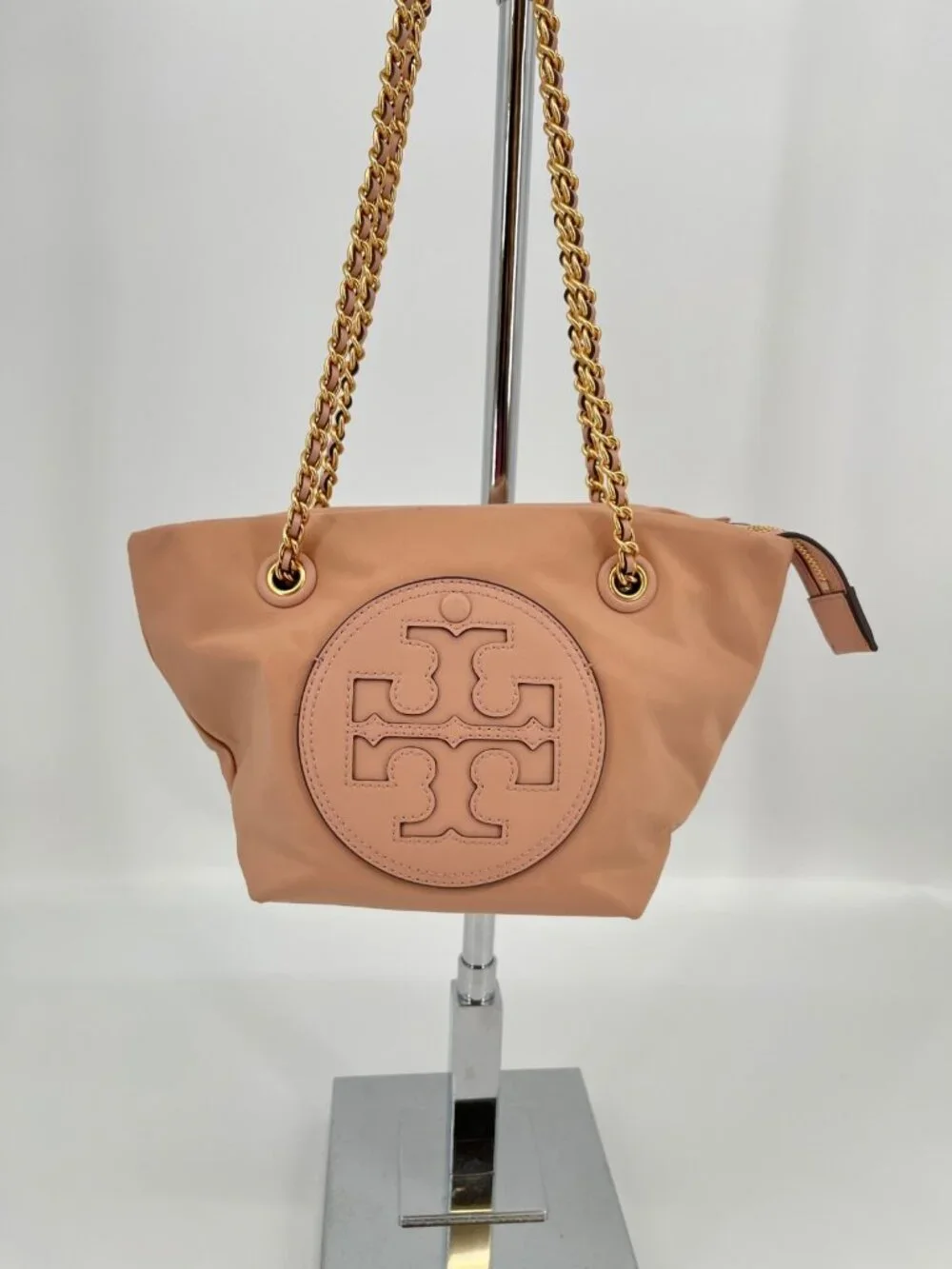 Tory Burch Ella Small Chain Crossbody Pink Sand Nylon Zip Tote Gold Logo Bag